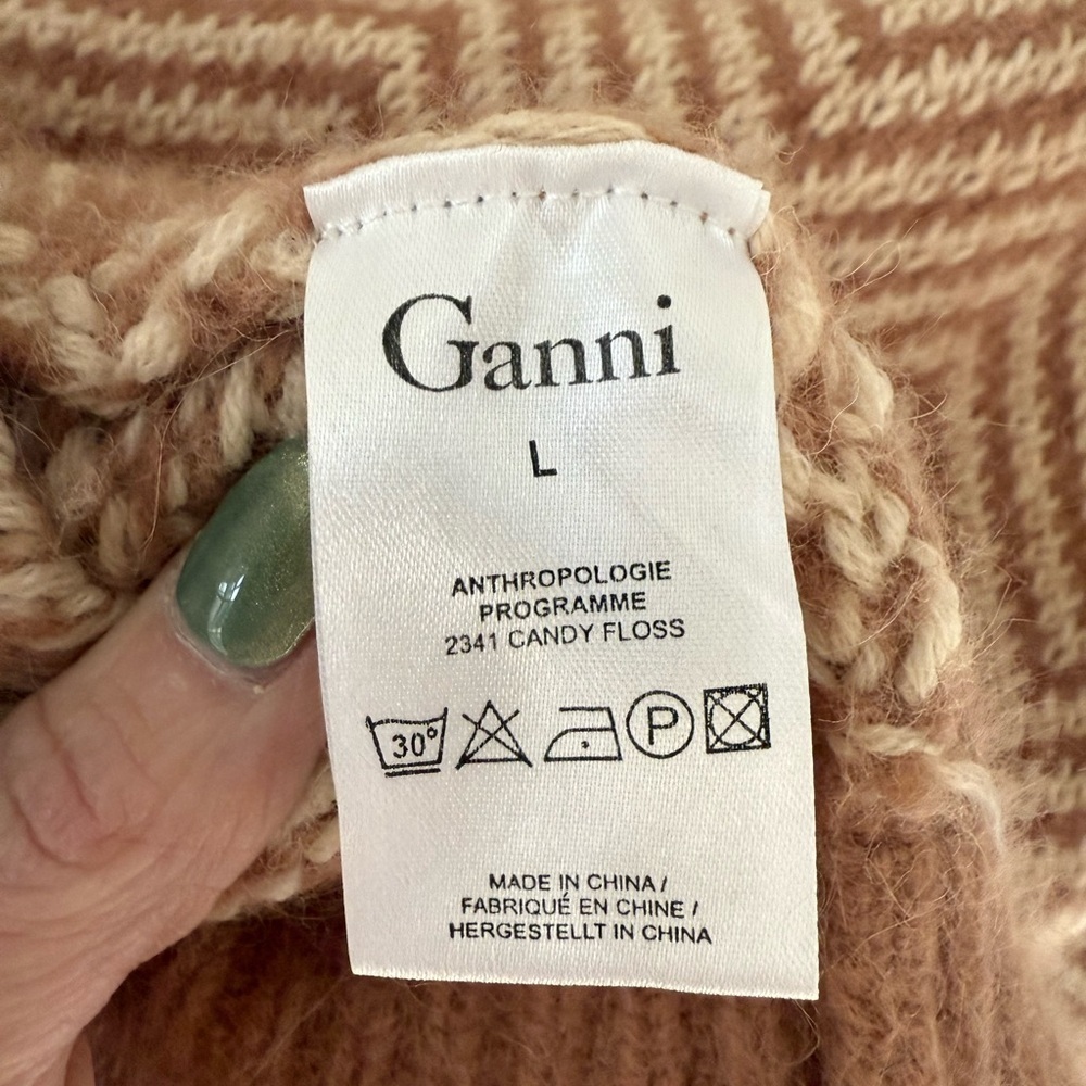 Ganni Chevron Wool-Blend Sweater Knit Zigzag Brown Cream Anthropologie Size L - Picture 5 of 8